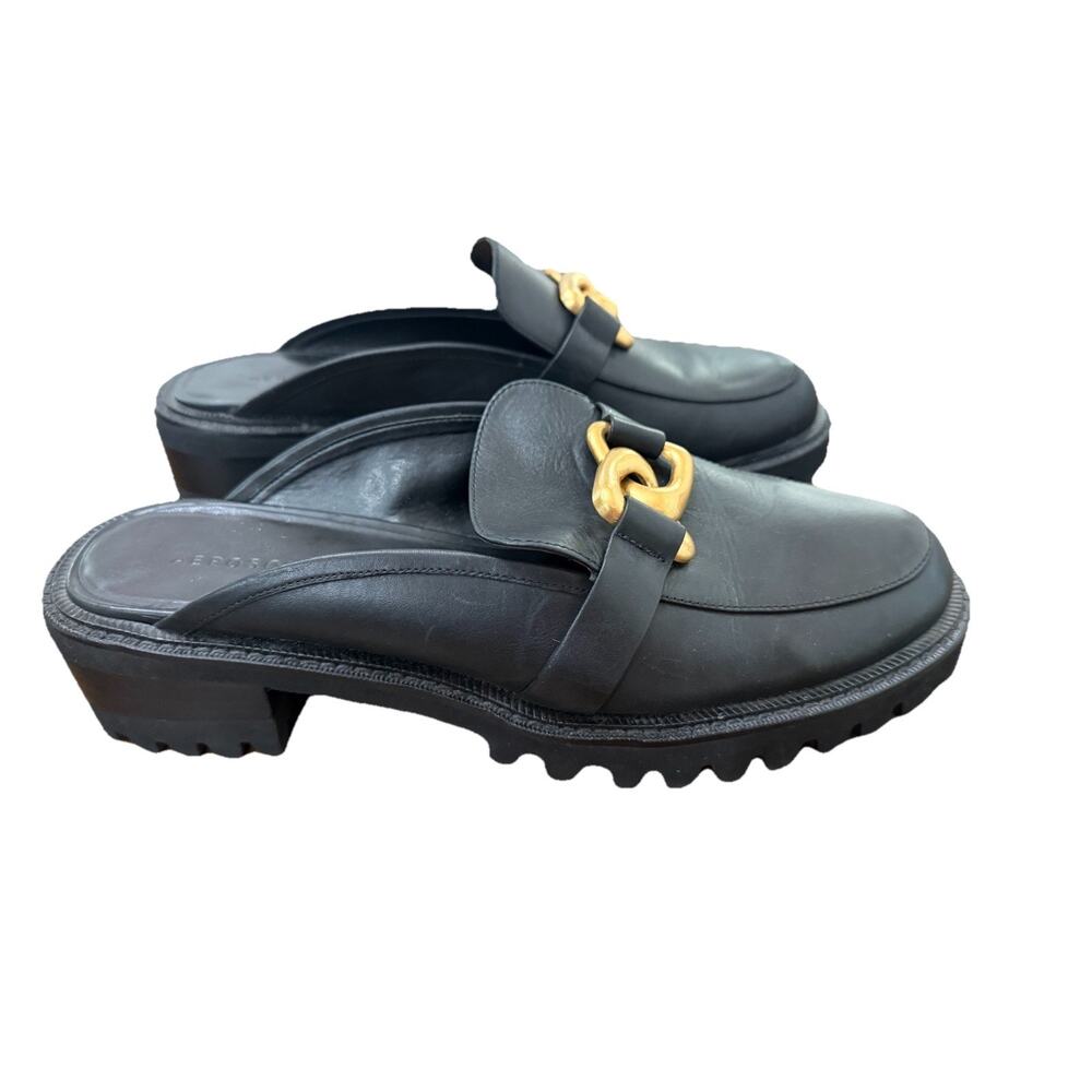 Aerosoles Lowery Womens Size 12M Black Leather Mule Loafers Gold Buckle Lug Sole